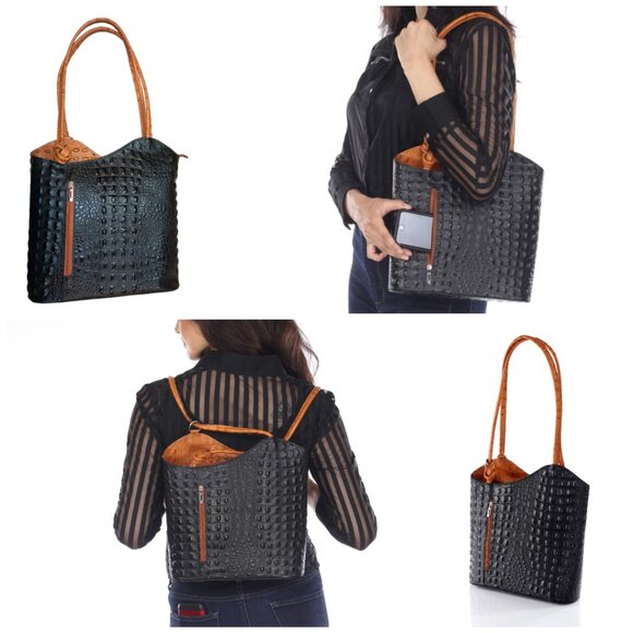Vera Pelle Convertible Croc Embossed Leather Backpack Bag Purse in Black and Tan main image 11
